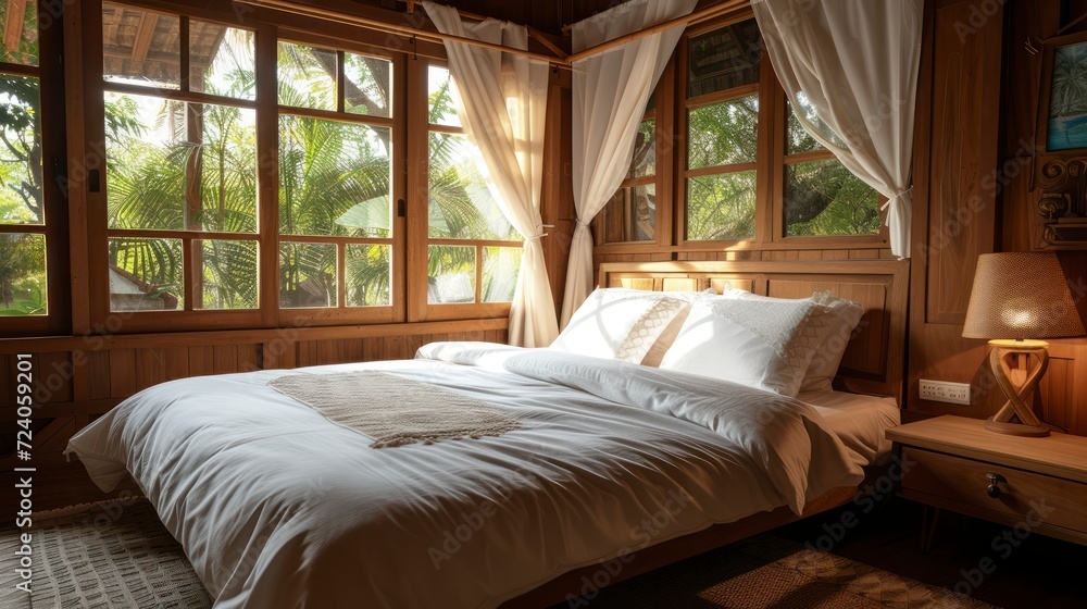 A Lanna-Style Wooden House Bedroom with a Teak Bed and Inviting Bright Bedding