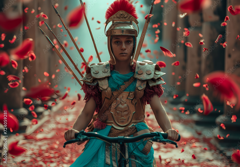 Fototapeta premium Legionary on a Bicycle - Navigating the Urban Jungle with an Ancient Spirit. Generative AI