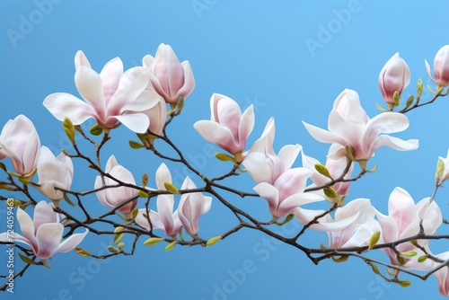 Blooming white and pink close-up flowers of magnolia on a branch with young leaves  growing in spring park or botanical garden  with blurred blue background