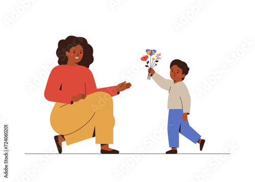 Small Boy gives bouquet of spring flowers to adult  woman. Mother gets blossoms from her son at Mother's Day holiday.  Child presents gift for his Teacher or caregiver. Vector illustration