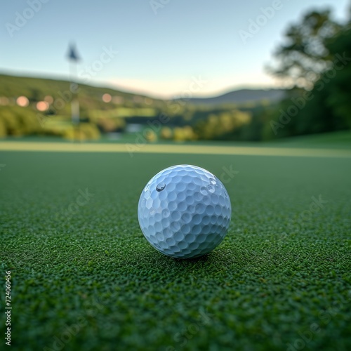 Close-up of a golf ball on a putting green with the flag in the distance
