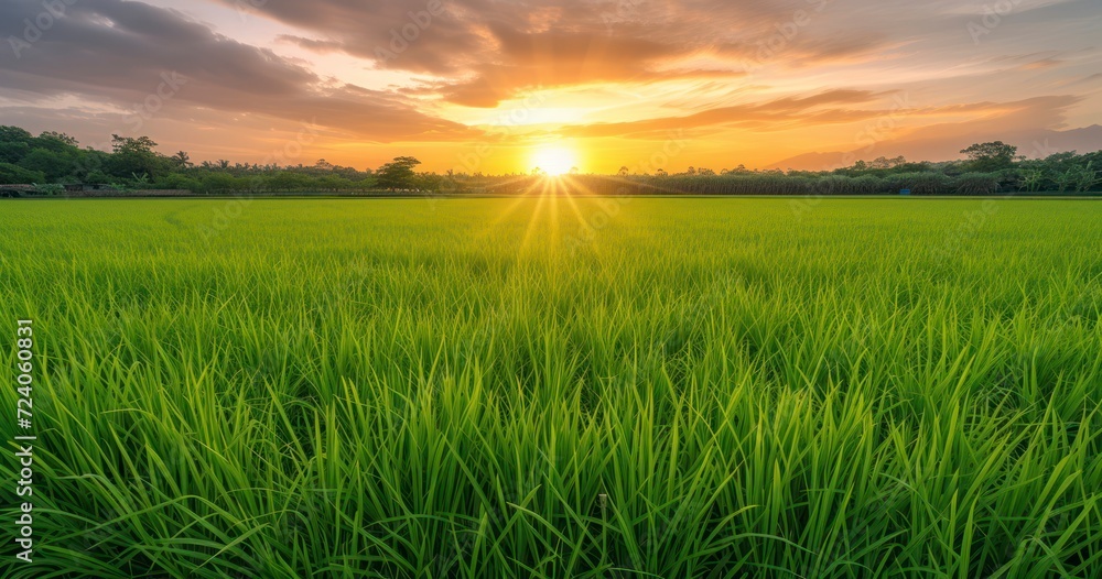 Dawn's Golden Embrace - Sunrise Casting a Warm Glow Over the Verdant Rice Fields