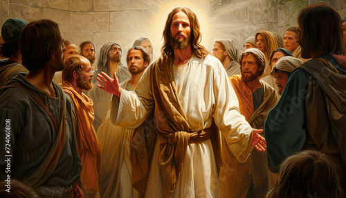 Painting of Jesus Christ walking among the people of Jerusalem city healing and working miracles Generative AI Illustration