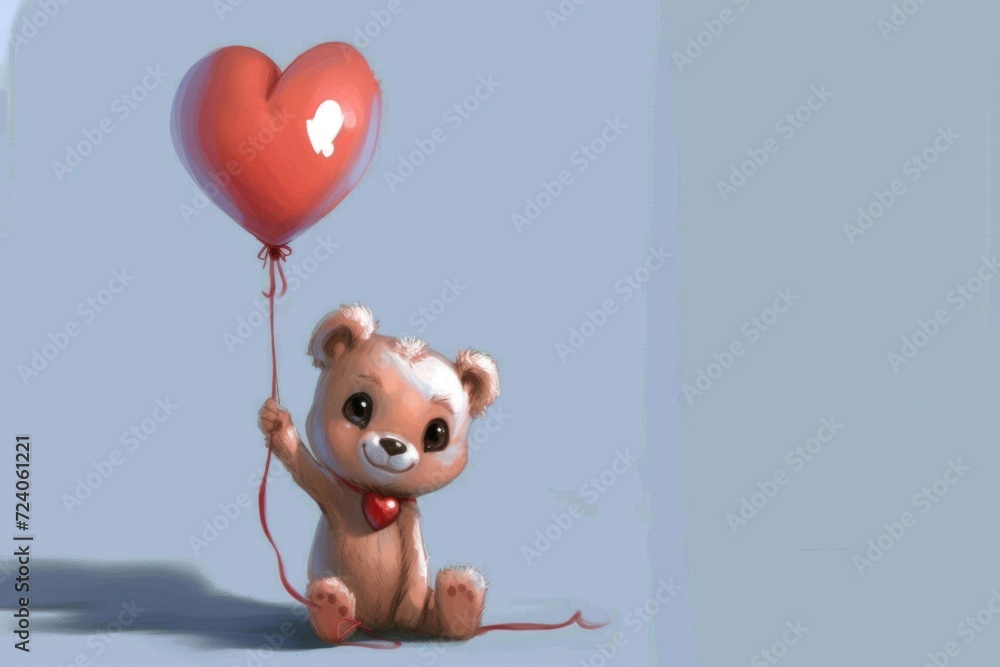 Fototapeta premium Cute teddy bear with a heart shaped balloon on a blue background Generative AI