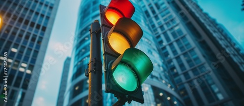 Un feu de signalisation avec toutes ses lumières allumées dans un quartier d'affaires