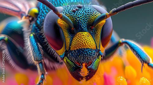 closeup of a colorful hornet (Epilobium), extreme macro shot of the head of a bee, intricate patterns and details © l1gend
