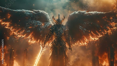The leader of the Gothic warrior angels with their fiery wings and gleaming sword stands at the front of their army ready to command. photo
