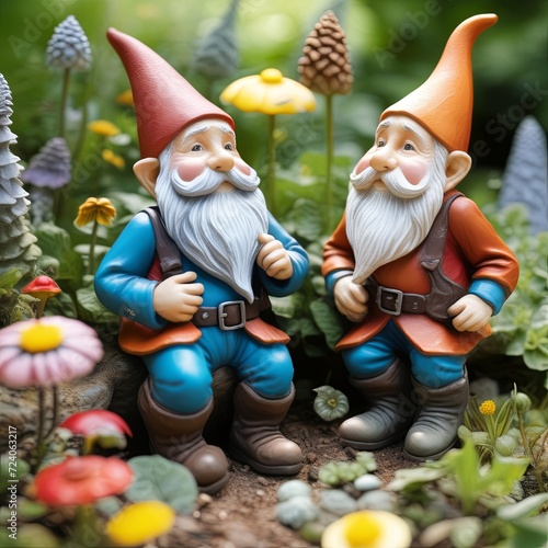 Cute gnomes sitting in a summer flower garden 