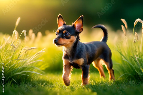 Happy toy terrier dog running over a green meadow.