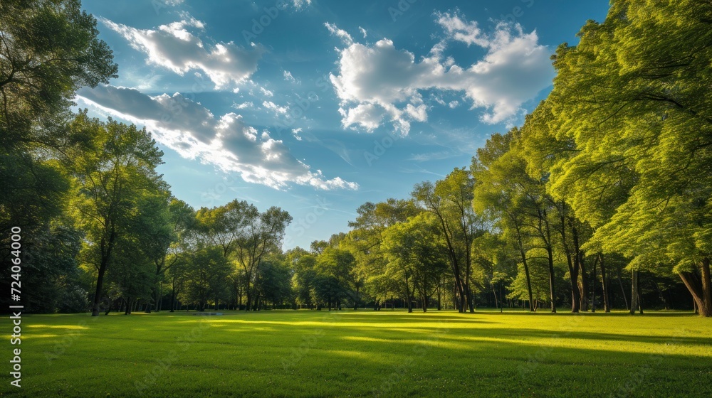 Beautiful natural park with a forested area in the background on a green meadow with a beautiful blue sky in high resolution and quality. concept parks in the city, natural conservation