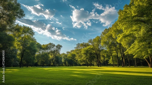 Beautiful natural park with a forested area in the background on a green meadow with a beautiful blue sky in high resolution and quality. concept parks in the city, natural conservation