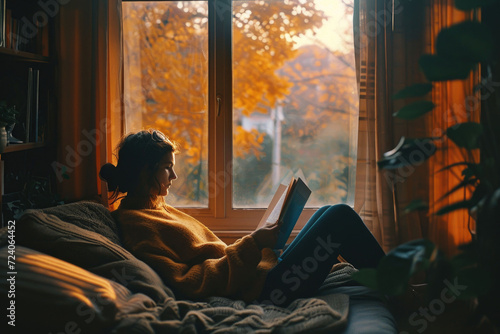 A person enjoys reading a book in a comfortable nook by the window, with a serene autumnal landscape visible outside.
 photo