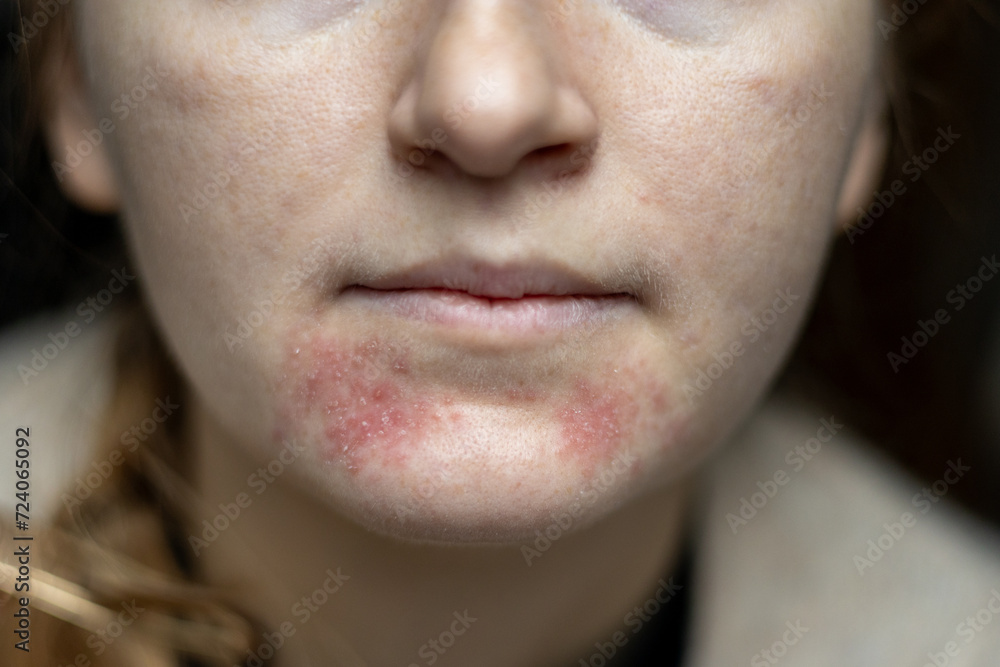 Perioral dermatitis on woman face. Closeup dermatitis on skin, ill allergic rash eczema skin of patient, atopic dermatitis symptom skin detail texture. The concept dermatology