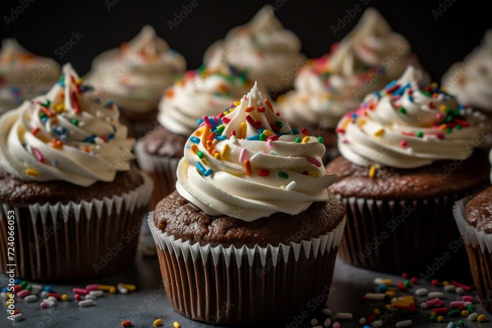 A pile of chocolaty cupcakes topped with a swirl of white frosting and colorful sprinkles. Generative AI
