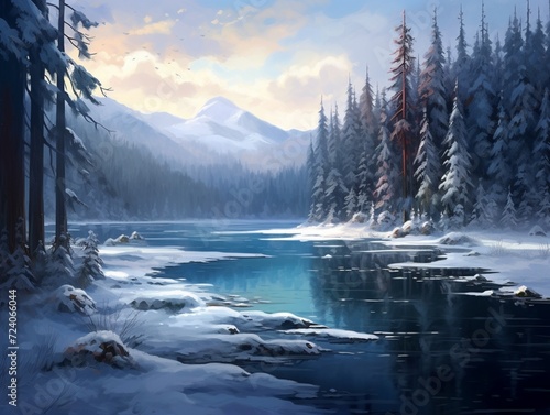 A serene frozen lake, with a layer of snow covering the ice and distant evergreen trees in the background.