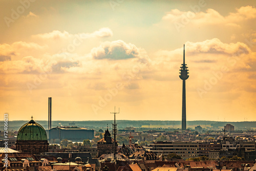 A panorama of the rooftops of Nurenberg, Germany. Sunset