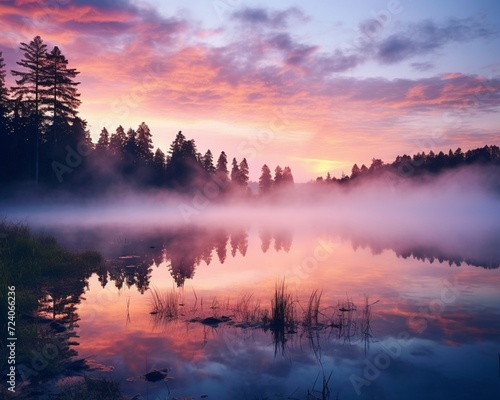 A serene lake at sunrise, with the sky painted in hues of pink and orange, and mist gently rising from the calm waters.