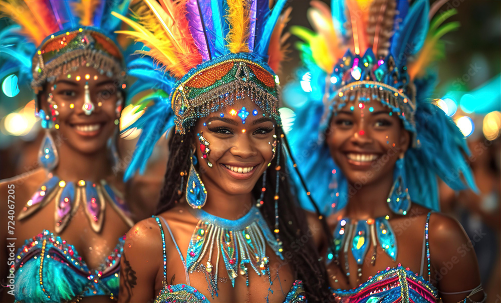 Beautiful carnival  Dancers in outfit with feathers and wings enjoying the parade, smiling to crowd
