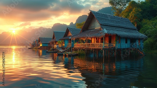 Asian Over water villas at sunset with beautiful mountains at the background and reflection in water 