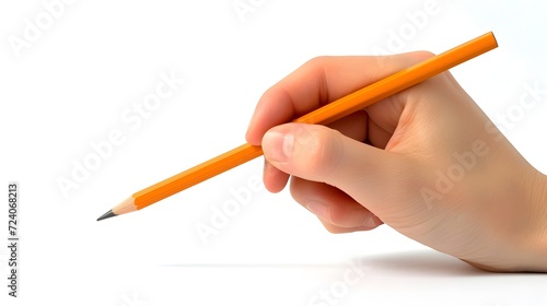 A white hand holding a pencil isolated on a white background