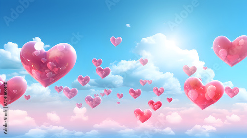 Love and romance in the sky, a heart shaped celebration,, Beautiful hearts in the pastel sky with glowing lights and glitters 3d rendered picture 