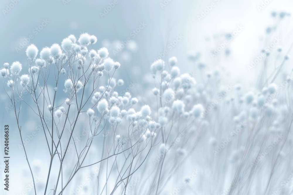 Fototapeta premium Close-up of white fluffy plants against a pale blue background