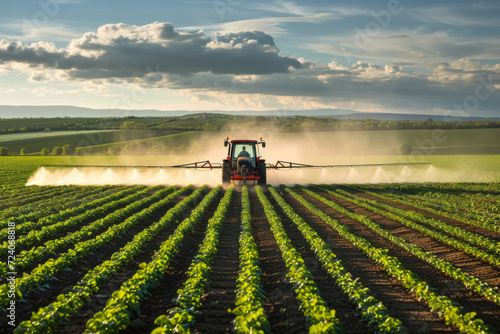 Agriculture tractor spraying fertilizer on agricultural field. Smart agriculture farming, agricultural food crops technology concept.
