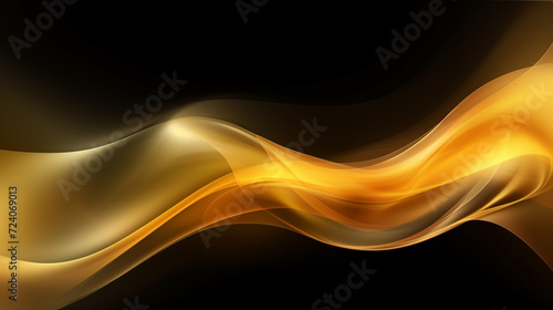 Waves of Light: Abstract Motion in Gold and Black, Fractal Flow with Dynamic Technology Illustration, Conceptual Smoke and Fire Effect, Stream of Gold Lines for Science and Decoration Backdrop © Preeyada
