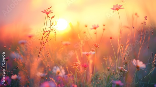 Wildflowers in a meadow at sunset, soft bokeh focus