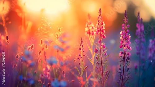 Wildflowers in a meadow at sunset  soft bokeh focus
