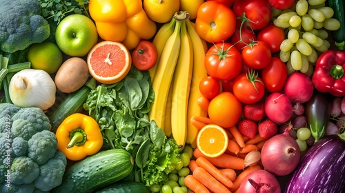 Top down view of numerous healthy fruits and vegetables photo