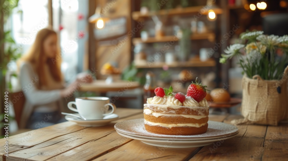 Coffee and a nice dessert in a cafe environment