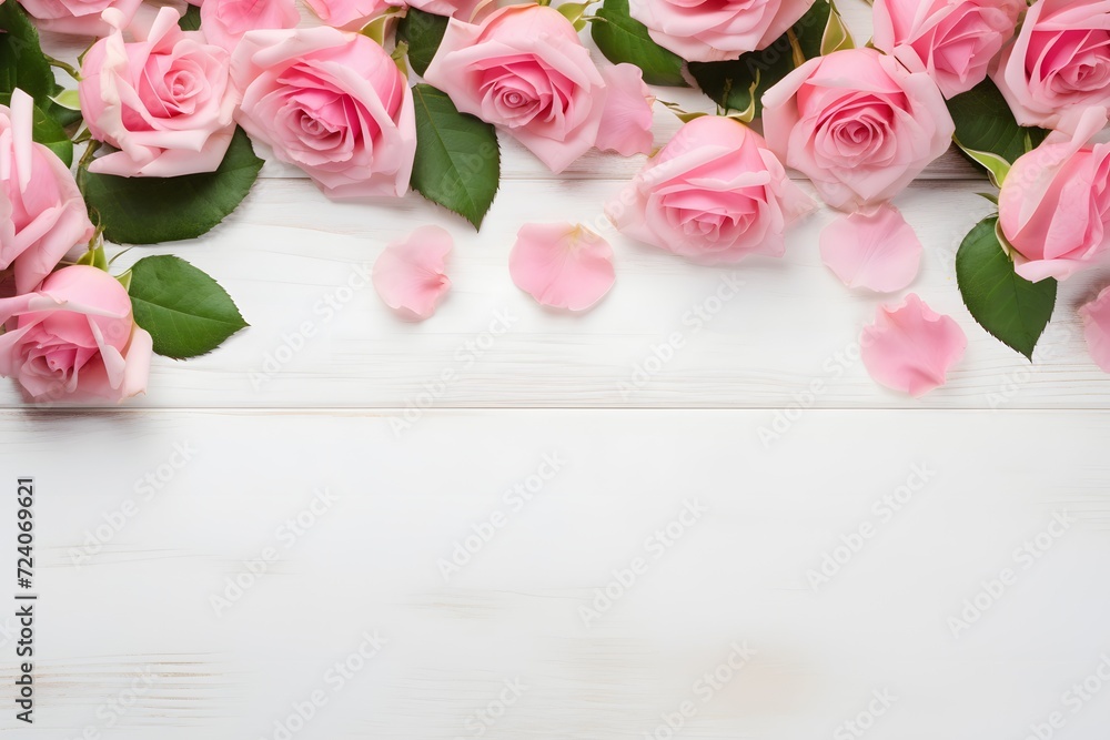 Pink roses and leaves on a white wooden background with copy space 