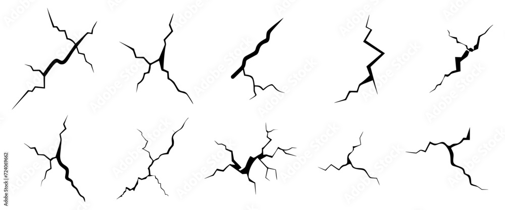 set of surface crack, Broken ground, wall, glass effect. Damage. vector