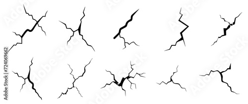 set of surface crack,  Broken ground, wall, glass effect. Damage. vector
