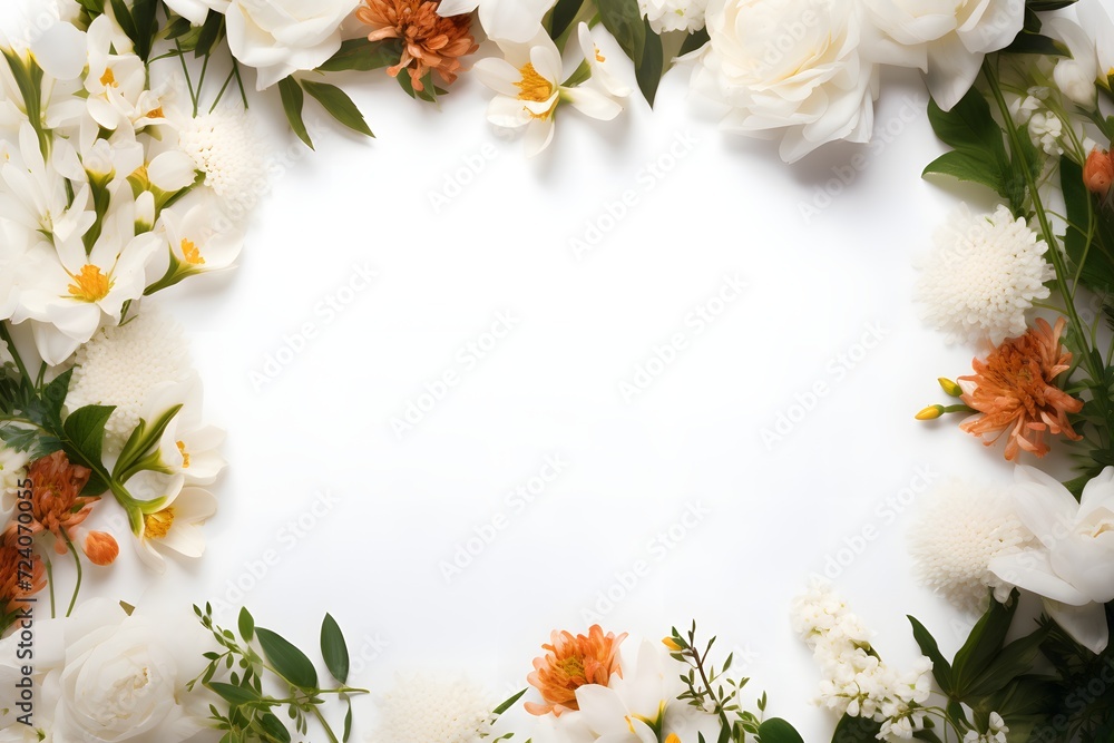 White flowers surrounding a white card, copy space