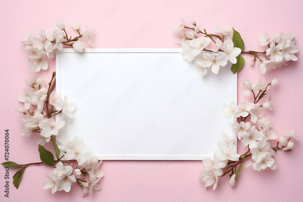 Pink cherry blossom surrounding a white card, copy space
