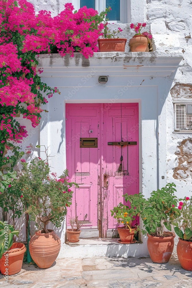 Naklejka premium Clean pink doors and white walls with sidewalk in Paris