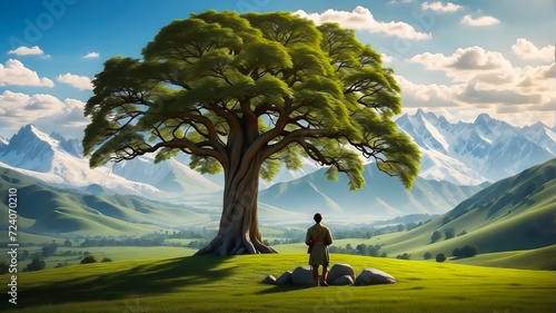 A Surreal Portrayal of a Lonely Man Under the Shelter of a Colossal Oak Tree, Blending the Line Between Reality and Imagination. Solitude Shelter. Peaceful Isolation. Tree of Life