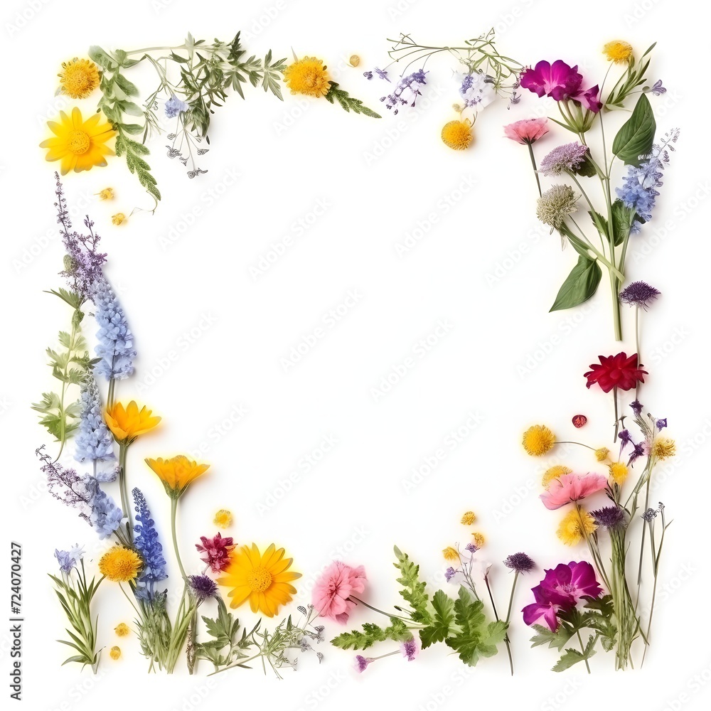 Colourful wildflowers forming a square frame on a white background with copy space 