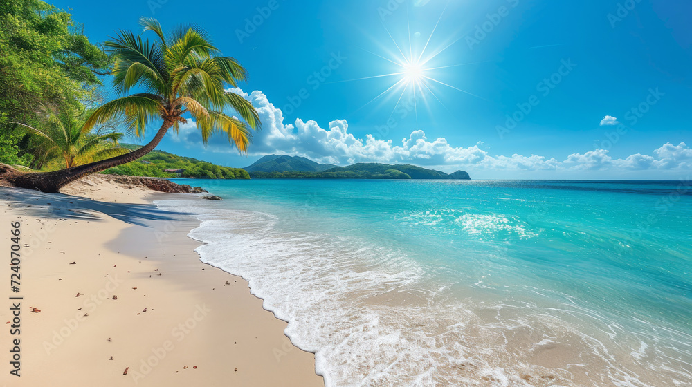 Sun-Kissed Tropical Shore.
Gentle waves wash over the sandy shore of a tropical beach under a bright sun.
