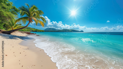 Sun-Kissed Tropical Shore. Gentle waves wash over the sandy shore of a tropical beach under a bright sun.