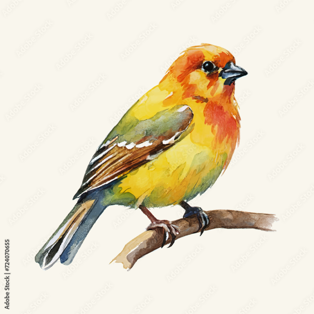 Watercolor bird on a branch. Hand-drawn illustration. Isolated on white background.