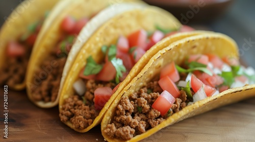 Delicious crispy tacos filled with ground beef, tomatoes, and fresh herbs on a wooden surface 