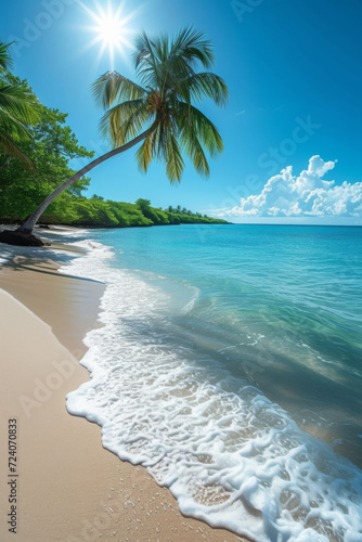 Tranquil Tropical Beach scape. A serene beach with a single palm tree on a sunny day, embodying peace and natural beauty