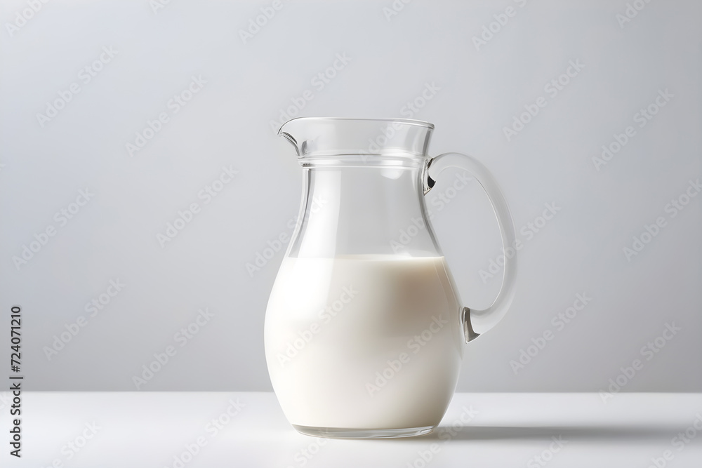 transparent glass jug with milk on a minimalistic background transparent glass jug with milk on a minimalistic background