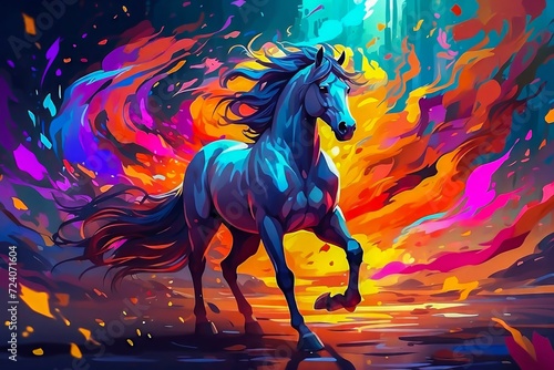 majestic Colorful Horse with a Fiery Mane and Hooves in Full Gallop. Fire Stallion. Horse Power, Beauty, and Strength. Running Horse. Galloping Stallion. Abstract Dreamy Stallion.