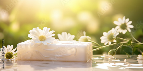 A daisy flower and sun in the background, A daisy is lying on the ground in the sunlight green blur background, A daisy is lying on a table with the sun shining through the background, White daisie