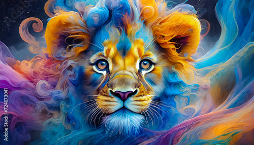 Visage d'un lionceau avec des éclaboussures de peinture colorée