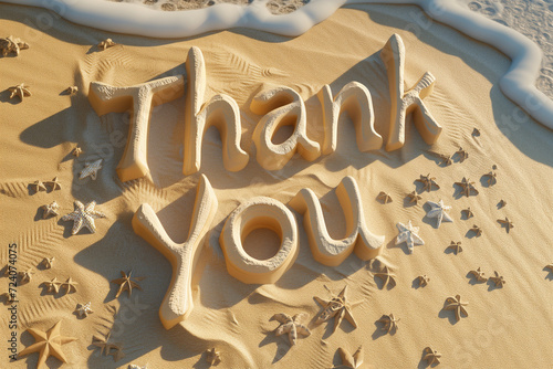 "Thank you" written on sand in a beach. Great for presentation end screens.